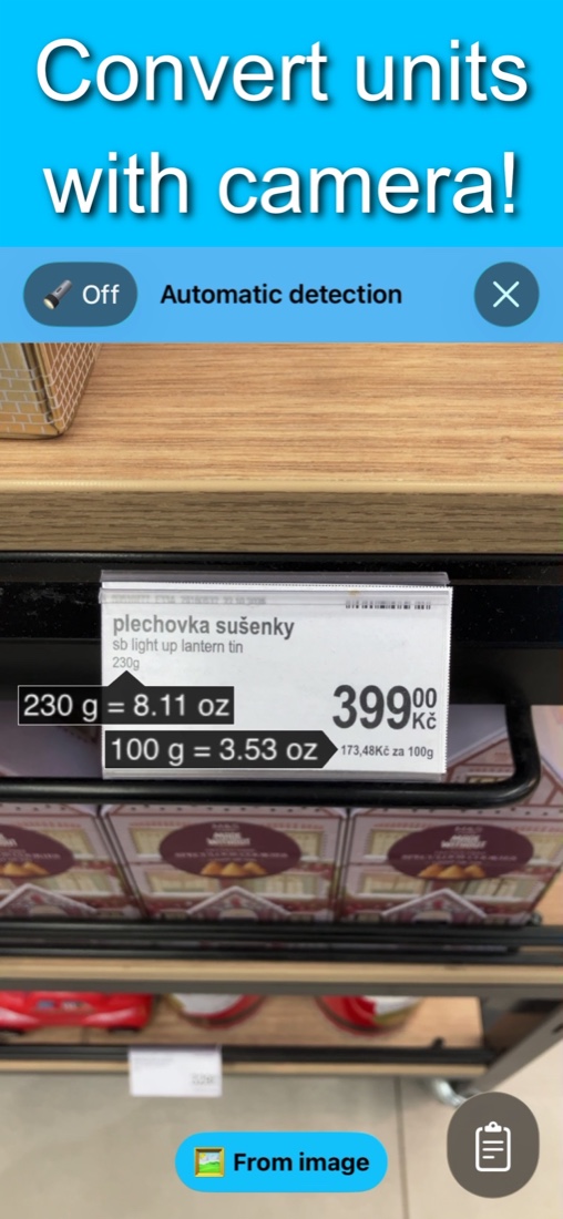 Camera view converting 230 g on a shop shelf label to 8.11 oz