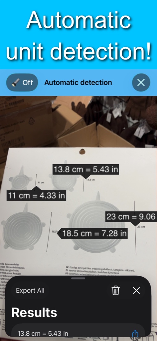 Several measurements on a product sheet converted from centimetres to inches at once