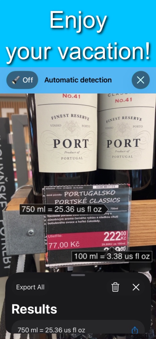 Wine shelf label showing 750 ml converted to 25.36 US fluid ounces